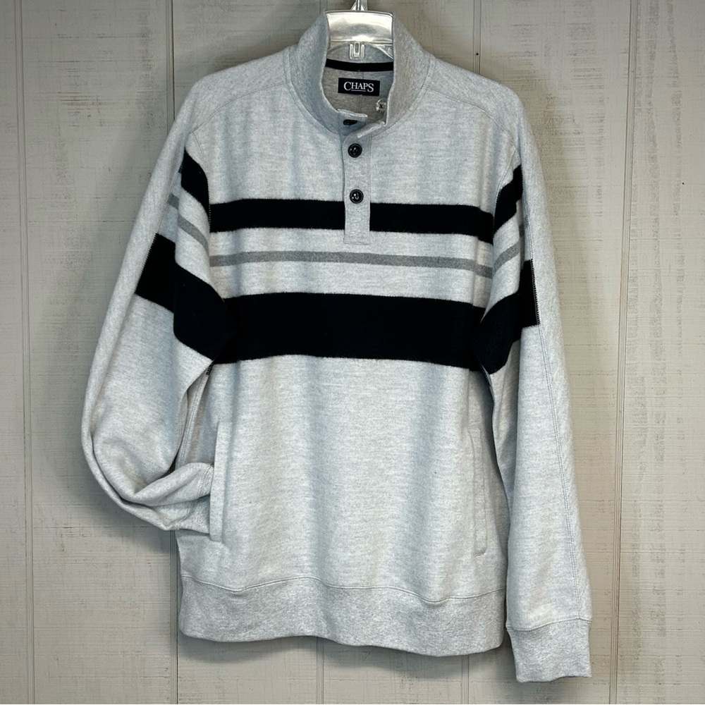 Chaps Men NWT Long Sleeve Pullover Fleece Shirt XL Buttons Preppy Striped Gray‎